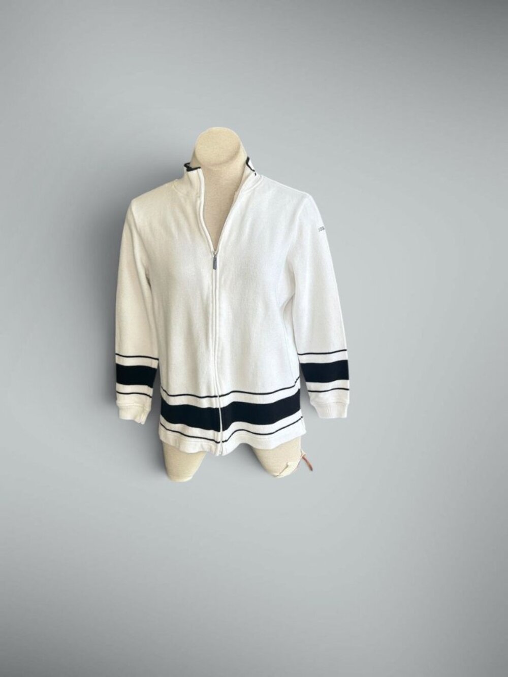 Liz Claiborne Lizgolf White Navy Stripe Nautical Full Zip Cardigan Sweater S
